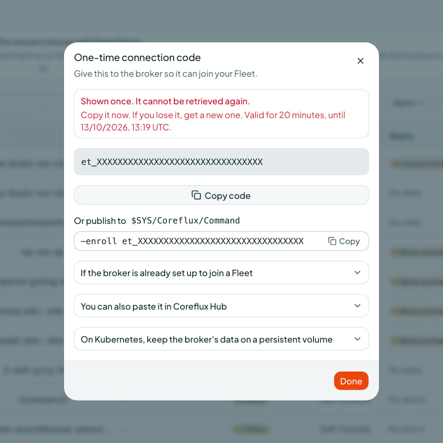 Coreflux Portal One-time connection code dialog with a redacted code and the -enroll command for $SYS/Coreflux/Command