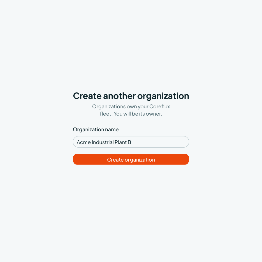 Coreflux Portal Create organization form with an Organization name field and a Create organization button