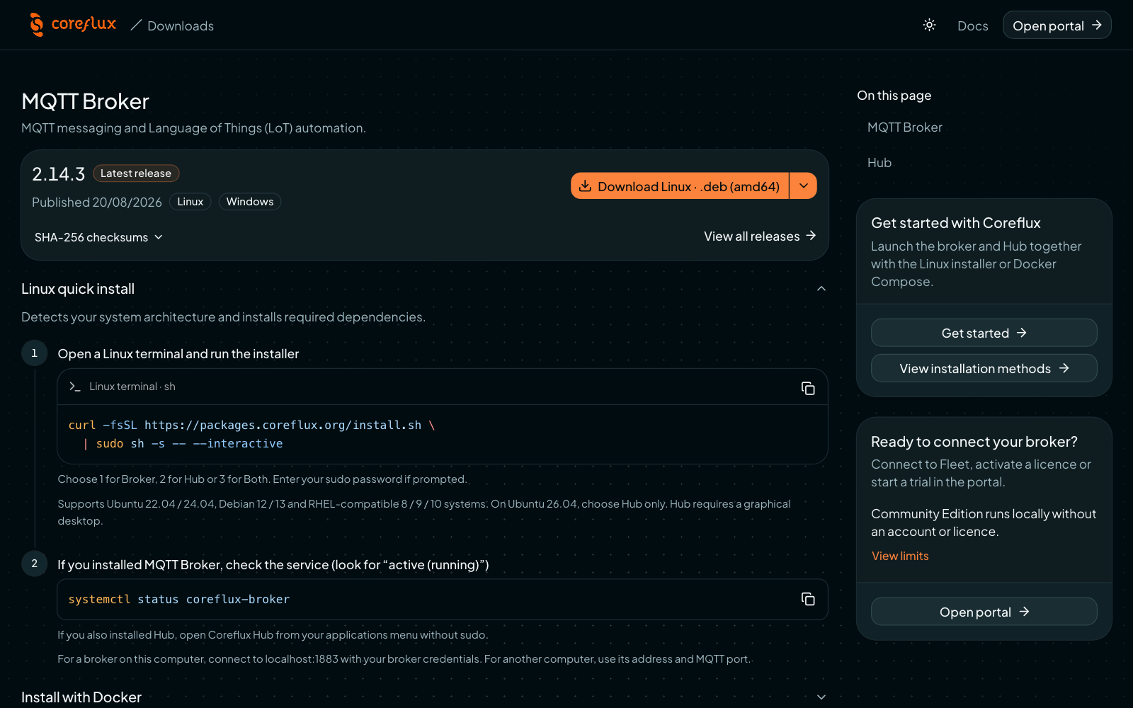 Coreflux Portal Downloads page listing the Coreflux MQTT Broker and Coreflux HUB packages for each operating system