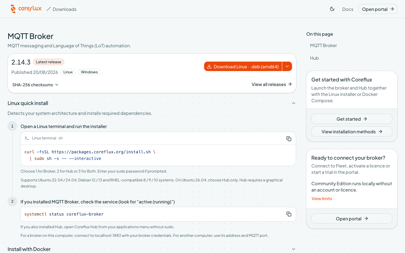 Coreflux Portal Downloads page listing the Coreflux MQTT Broker and Coreflux HUB packages for each operating system
