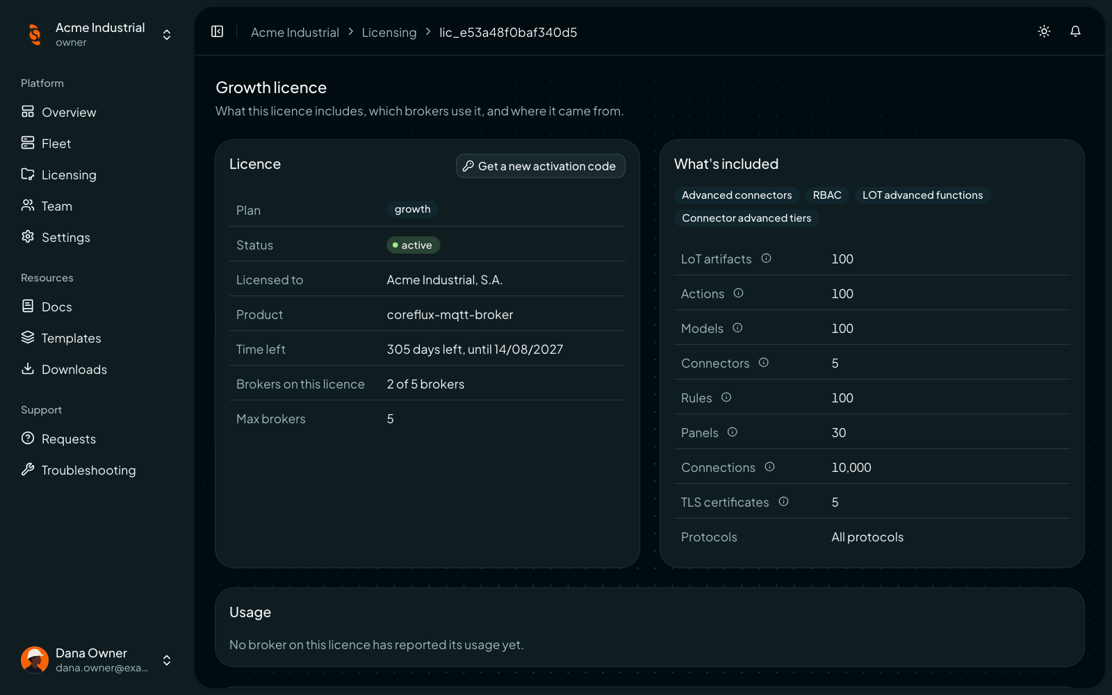Coreflux Portal license page with plan, status, time left, brokers on the license, and the included features and limits