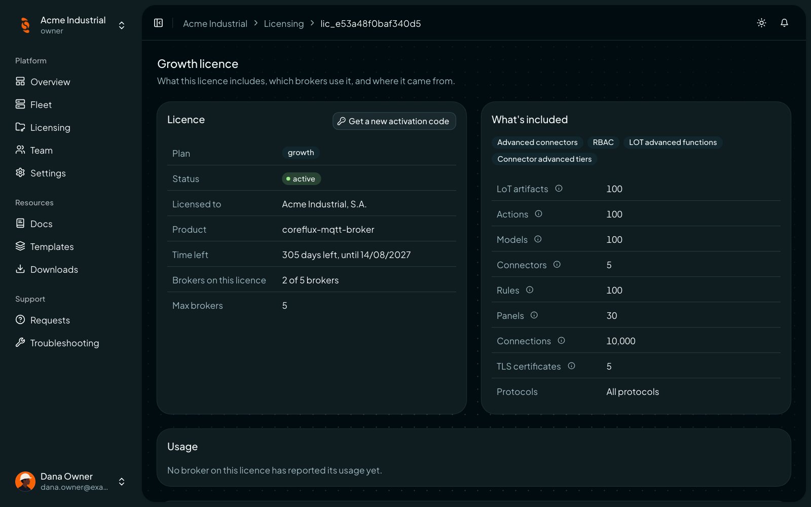 Coreflux Portal license page with plan, status, time left, brokers on the license, and the included features and limits