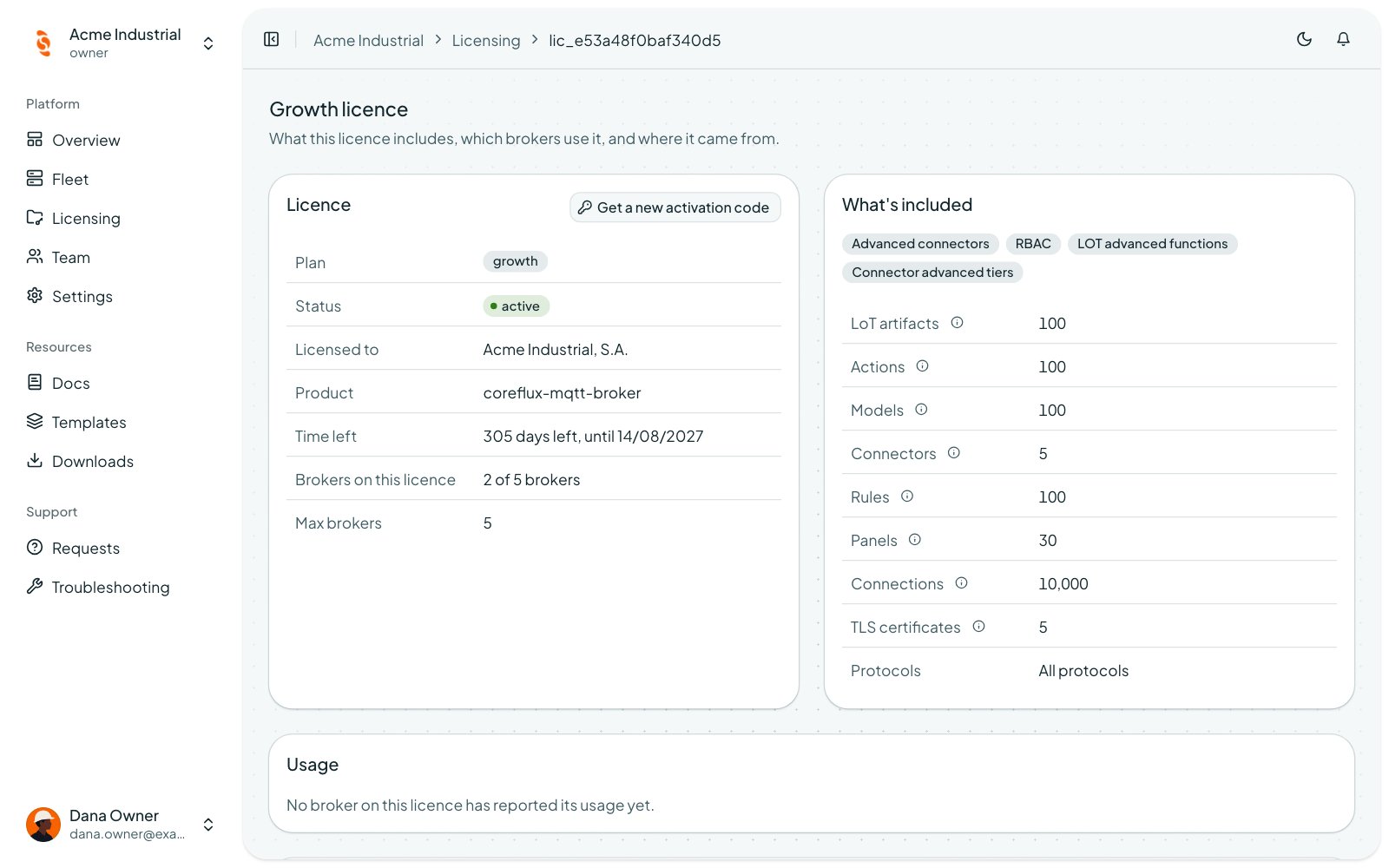 Coreflux Portal license page with plan, status, time left, brokers on the license, and the included features and limits