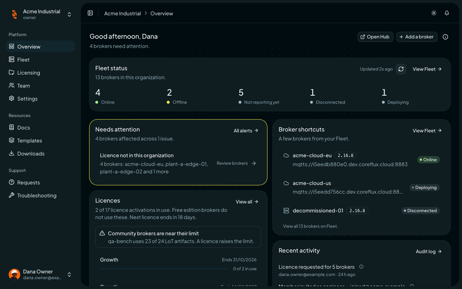 Coreflux Portal Overview page with fleet status counts, a Needs attention card, licence usage, broker shortcuts, and recent activity
