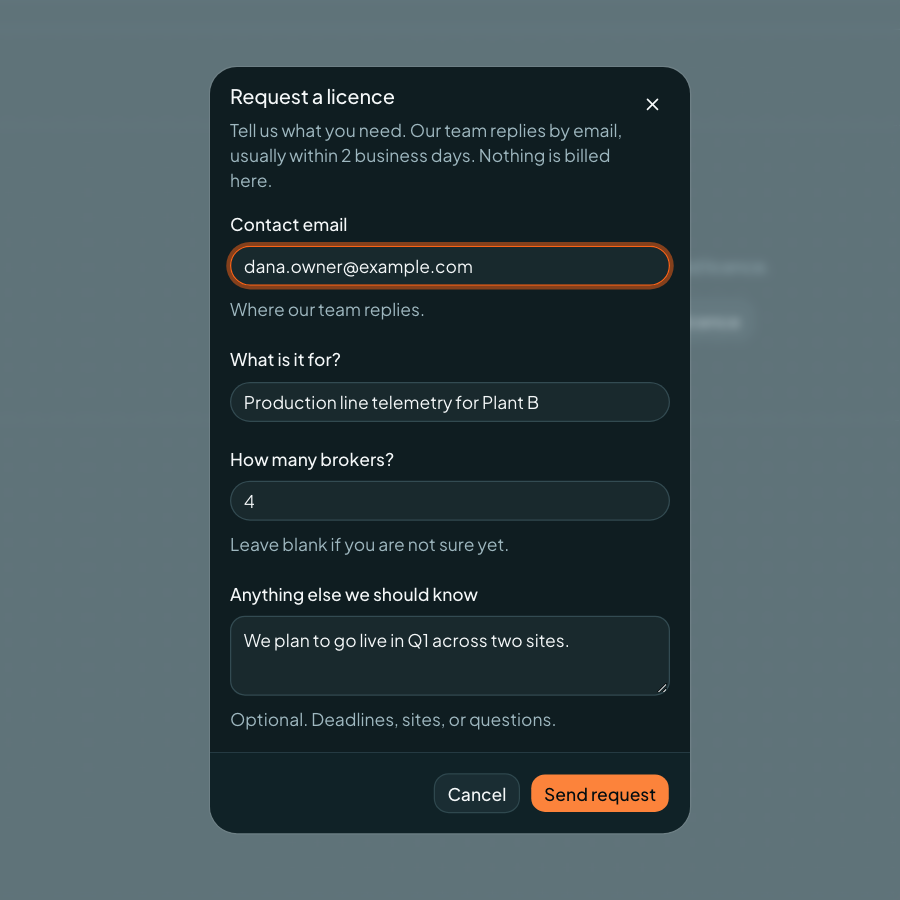 Coreflux Portal Request a licence dialog with contact email, purpose, number of brokers, and notes fields