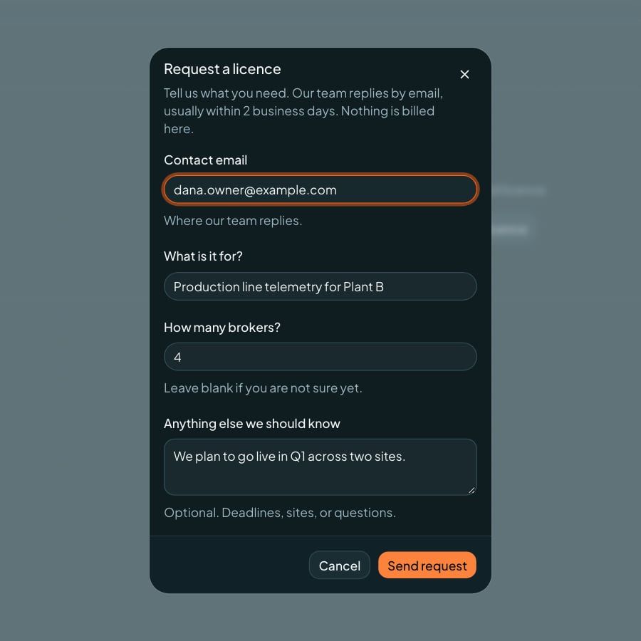 Coreflux Portal Request a licence dialog with contact email, purpose, number of brokers, and notes fields