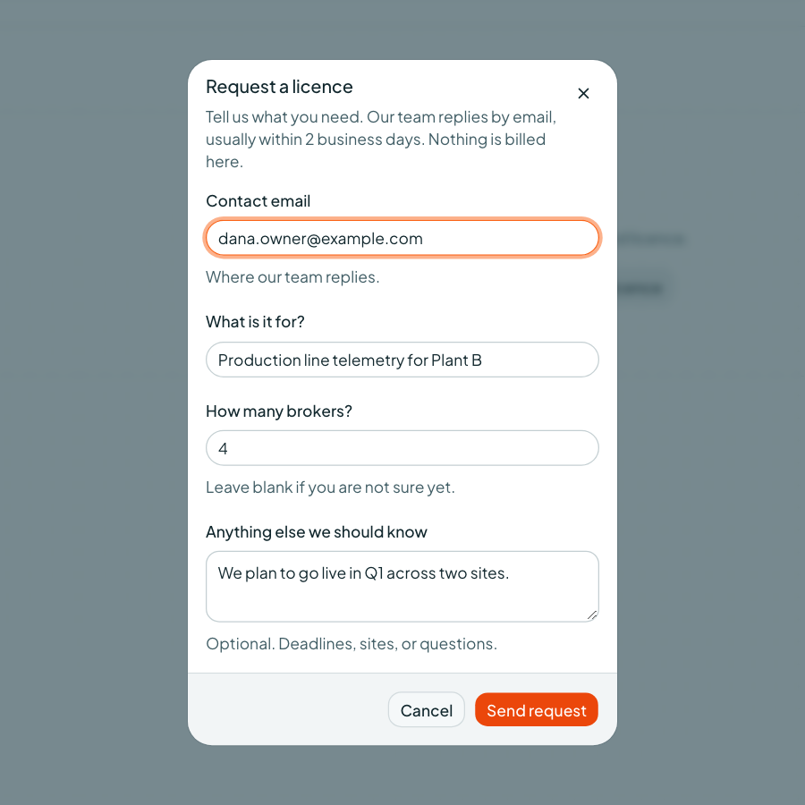 Coreflux Portal Request a licence dialog with contact email, purpose, number of brokers, and notes fields