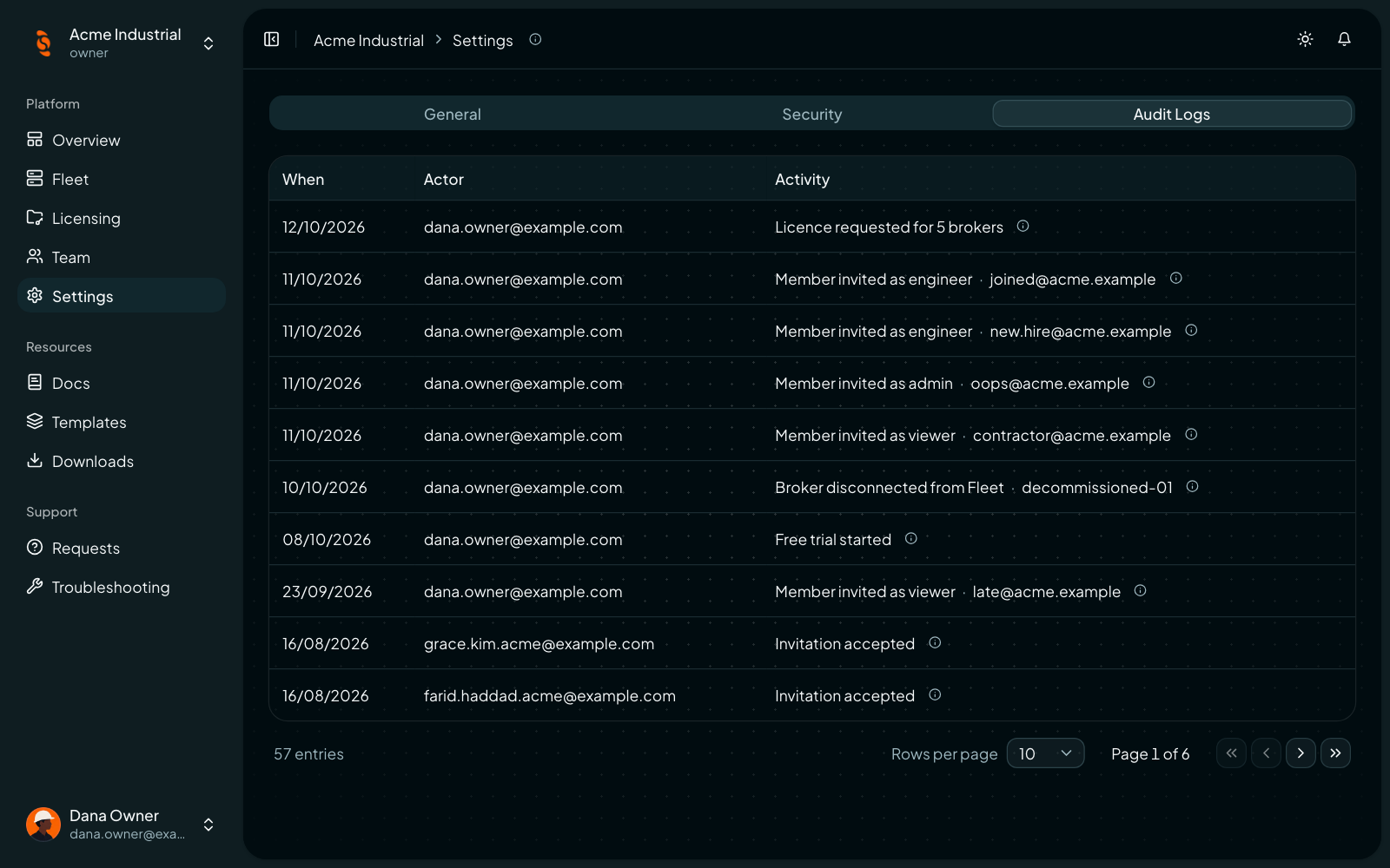 Coreflux Portal Settings Audit Logs tab listing when, who, and what changed in the organization