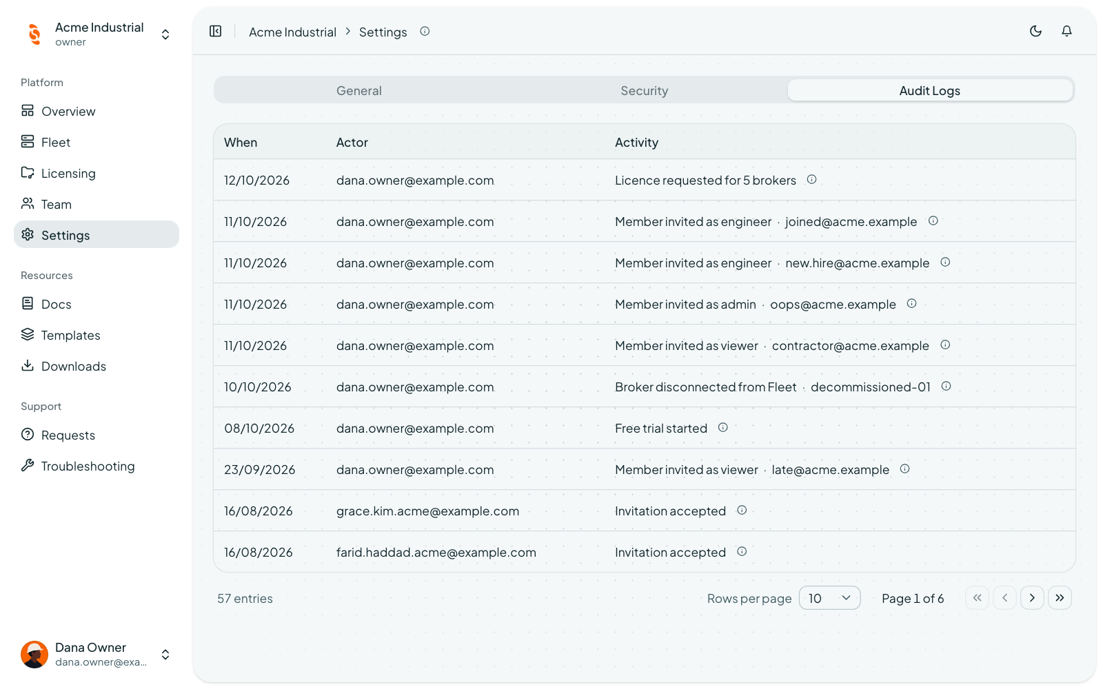 Coreflux Portal Settings Audit Logs tab listing when, who, and what changed in the organization