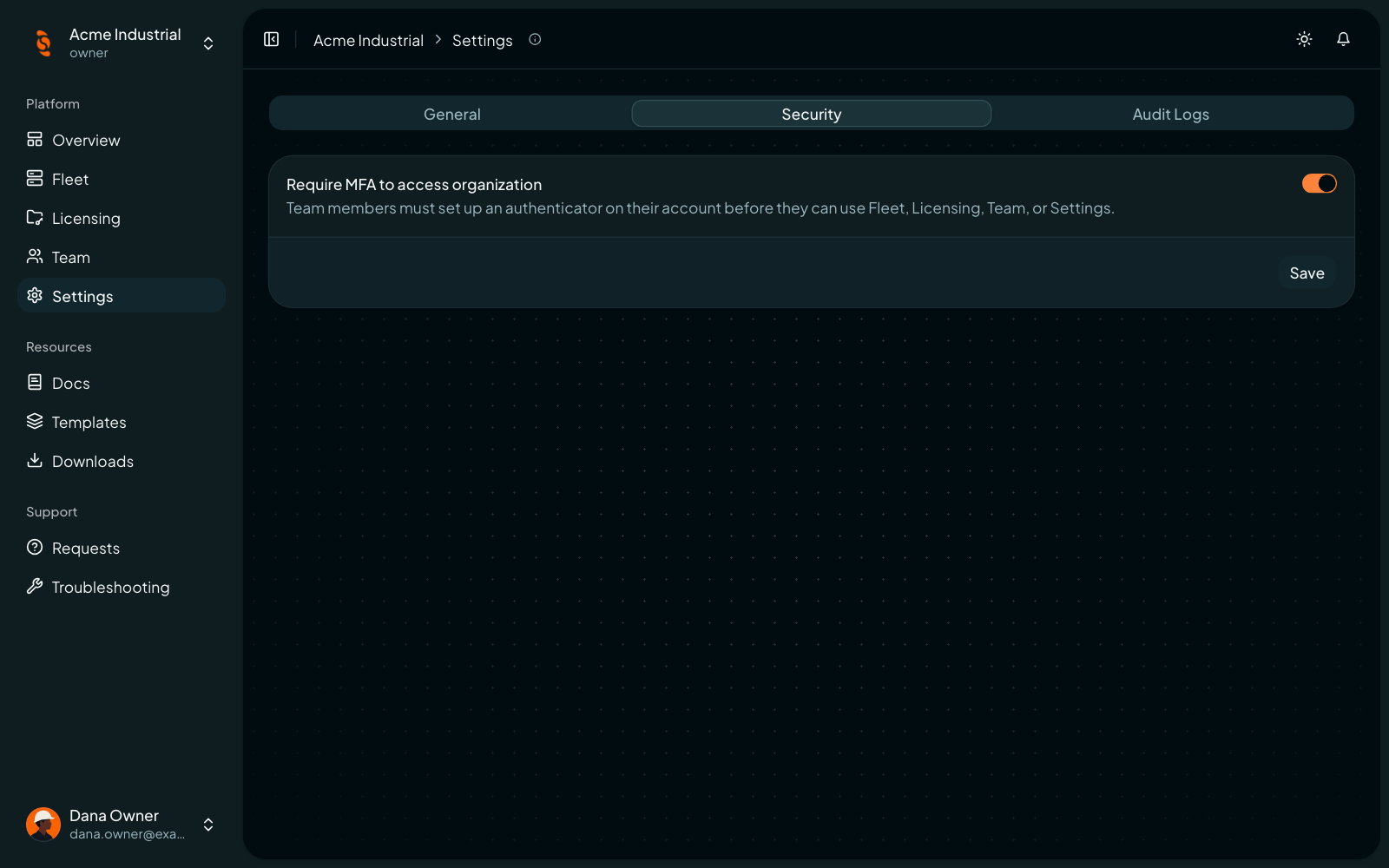 Coreflux Portal Settings Security tab with the Require MFA to access organization switch turned on
