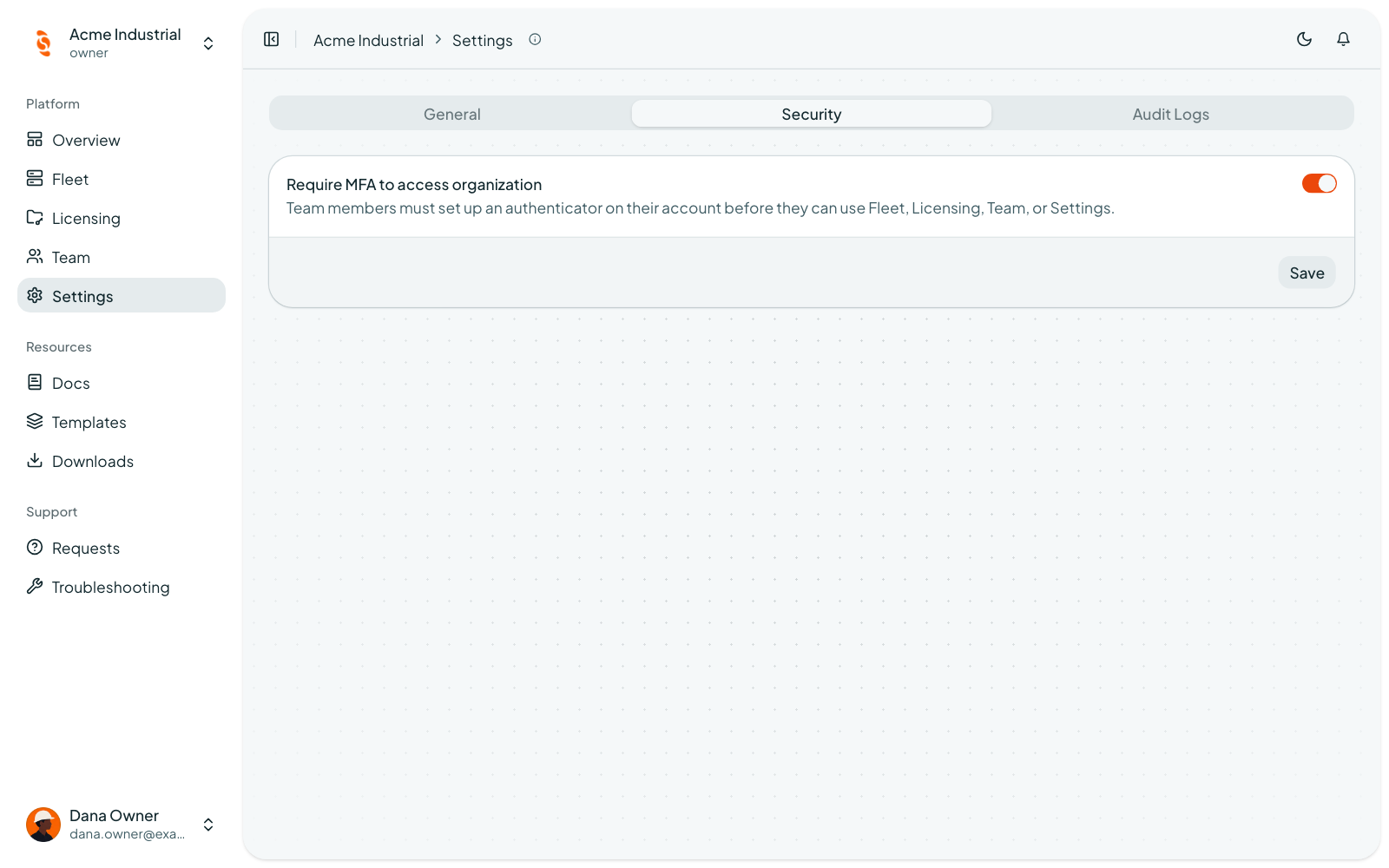 Coreflux Portal Settings Security tab with the Require MFA to access organization switch turned on