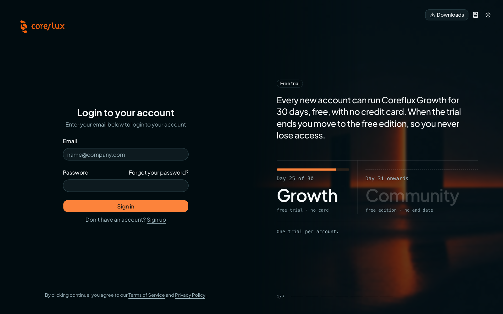 Coreflux Portal sign-in page with email and password fields, a link to create an account, and the free trial message
