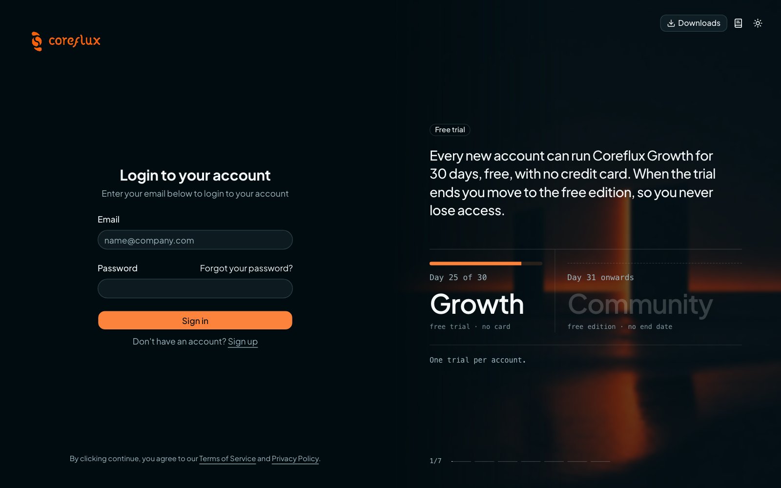 Coreflux Portal sign-in page with email and password fields, a link to create an account, and the free trial message