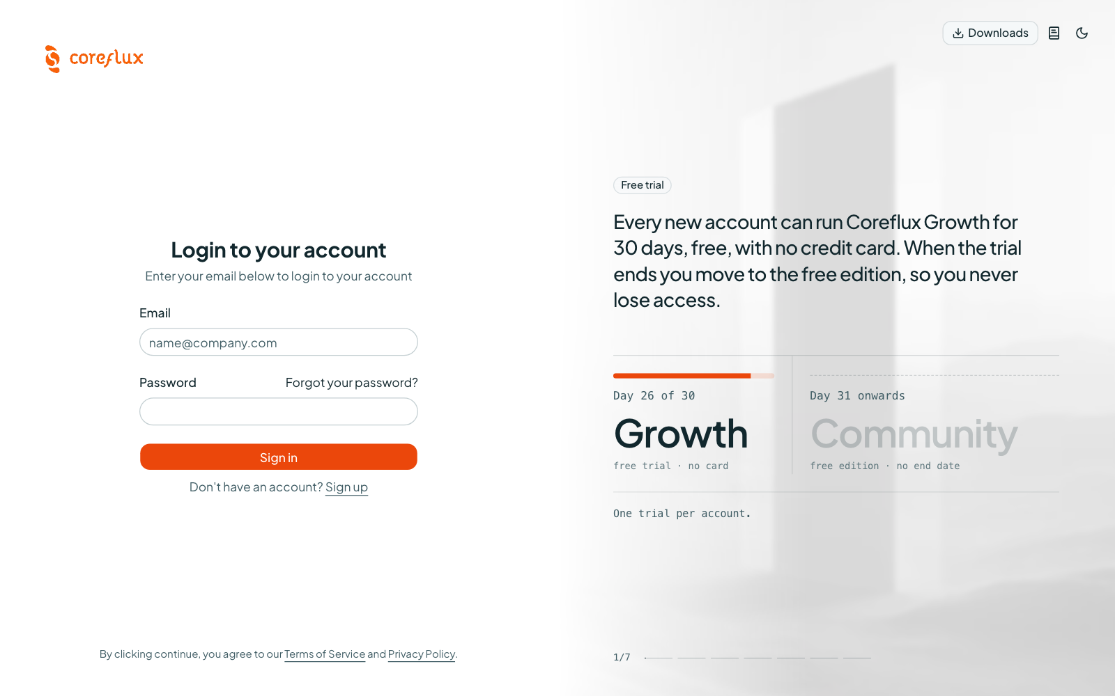 Coreflux Portal sign-in page with email and password fields, a link to create an account, and the free trial message