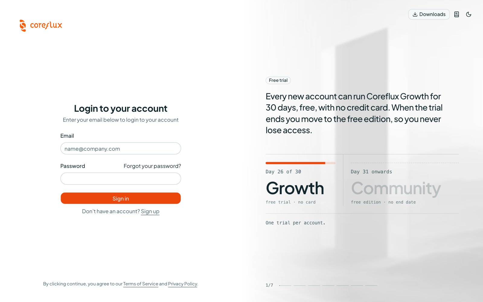 Coreflux Portal sign-in page with email and password fields, a link to create an account, and the free trial message
