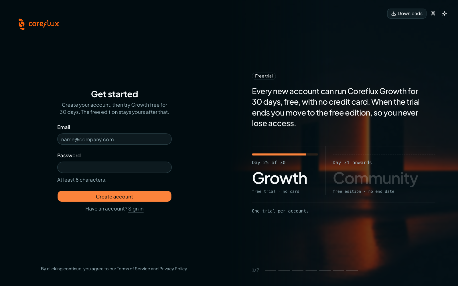 Coreflux Portal sign-up page with fields for a new account and the 30-day free trial message