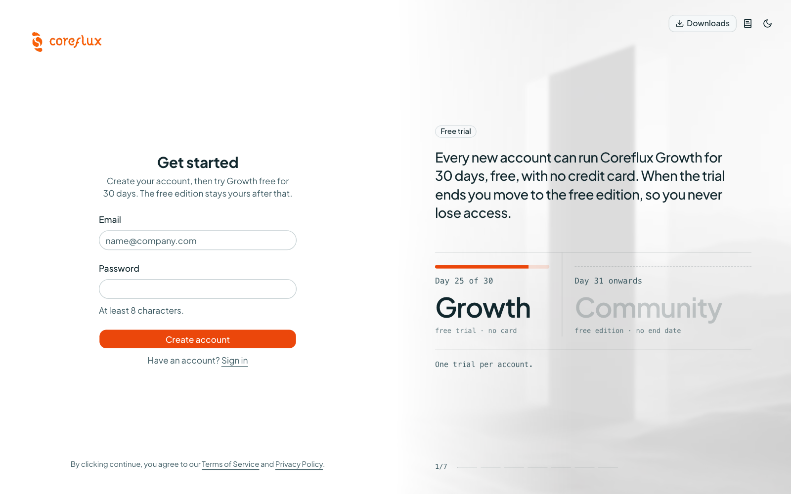 Coreflux Portal sign-up page with fields for a new account and the 30-day free trial message
