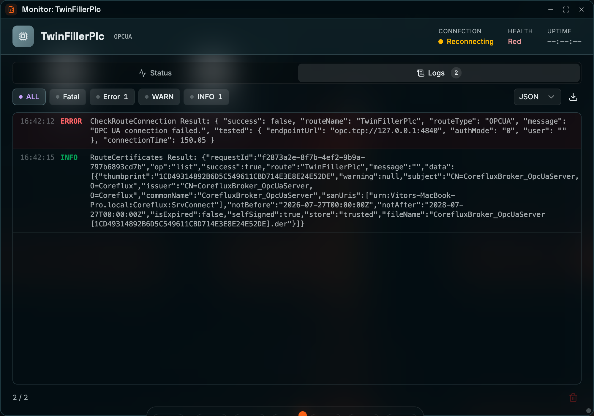 Coreflux HUB Monitor window for the TwinFillerPlc OPCUA connector with the Logs tab selected: ALL, Fatal, Error, WARN, and INFO level filters, a JSON format selector and export button, an ERROR entry for CheckRouteConnection, and an INFO entry for RouteCertificates