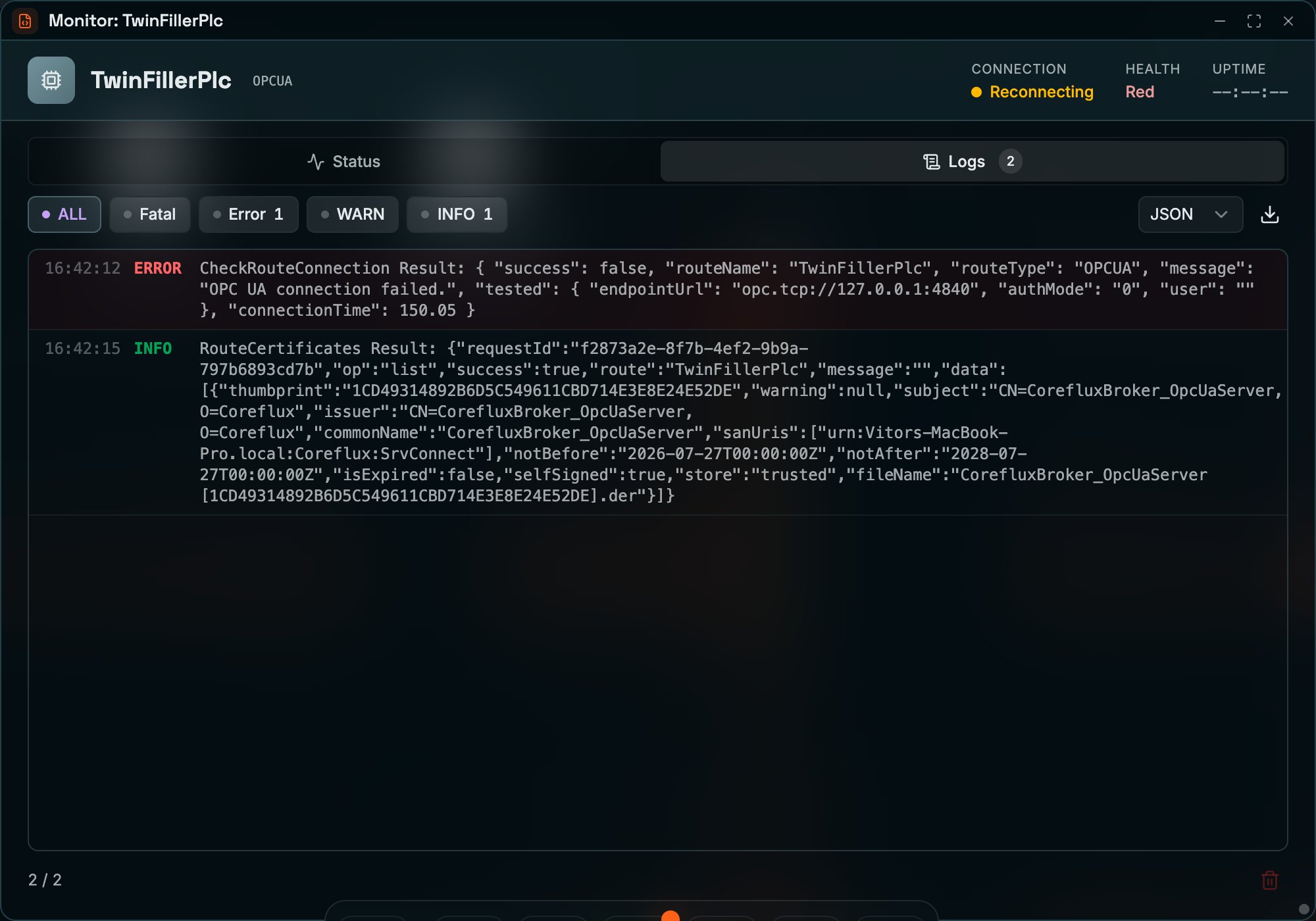 Coreflux HUB Monitor window for the TwinFillerPlc OPCUA connector with the Logs tab selected: ALL, Fatal, Error, WARN, and INFO level filters, a JSON format selector and export button, an ERROR entry for CheckRouteConnection, and an INFO entry for RouteCertificates