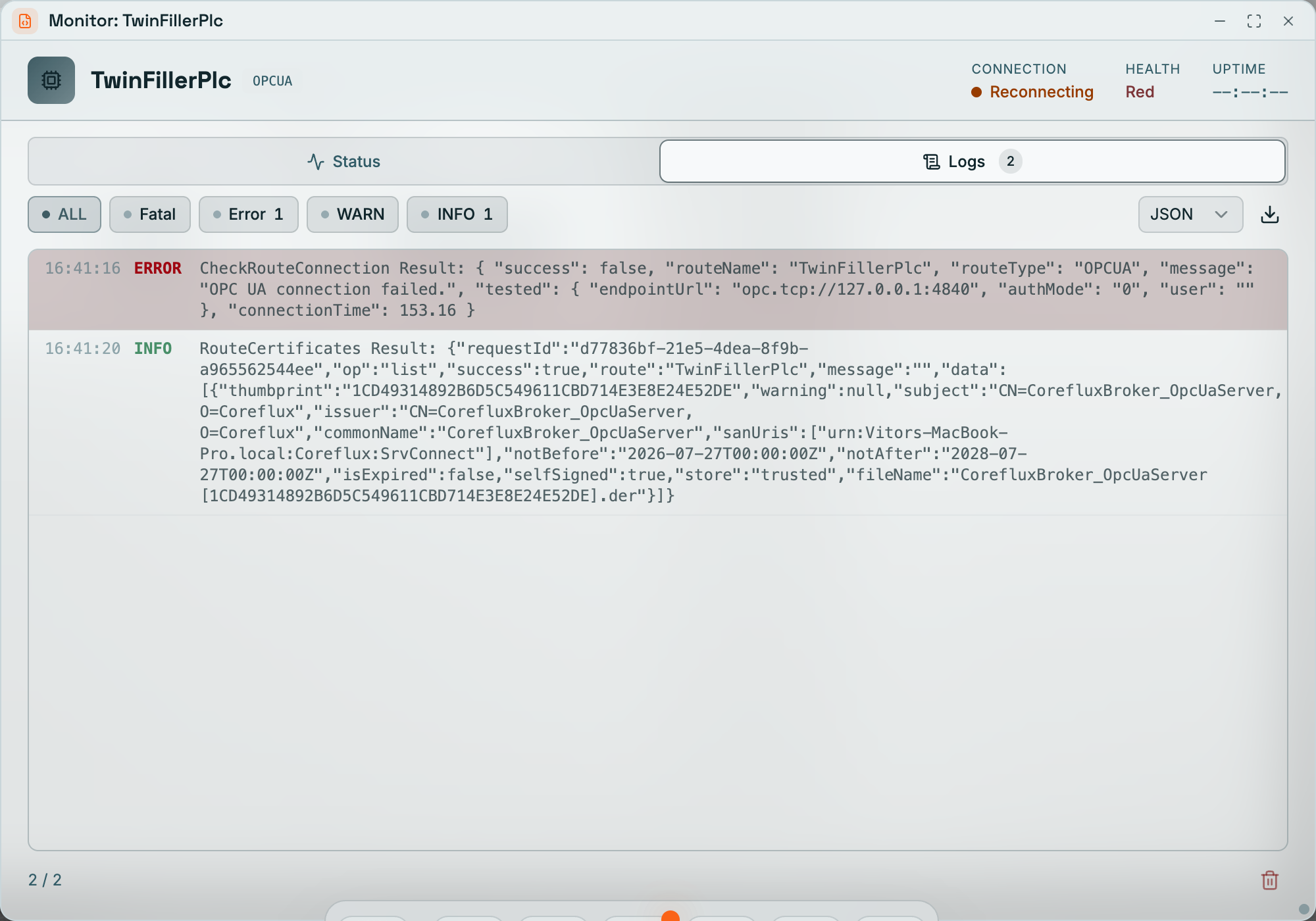Coreflux HUB Monitor window for the TwinFillerPlc OPCUA connector with the Logs tab selected: ALL, Fatal, Error, WARN, and INFO level filters, a JSON format selector and export button, an ERROR entry for CheckRouteConnection, and an INFO entry for RouteCertificates