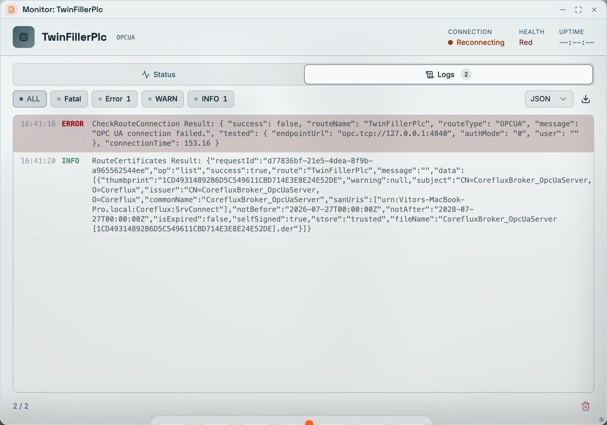 Coreflux HUB Monitor window for the TwinFillerPlc OPCUA connector with the Logs tab selected: ALL, Fatal, Error, WARN, and INFO level filters, a JSON format selector and export button, an ERROR entry for CheckRouteConnection, and an INFO entry for RouteCertificates