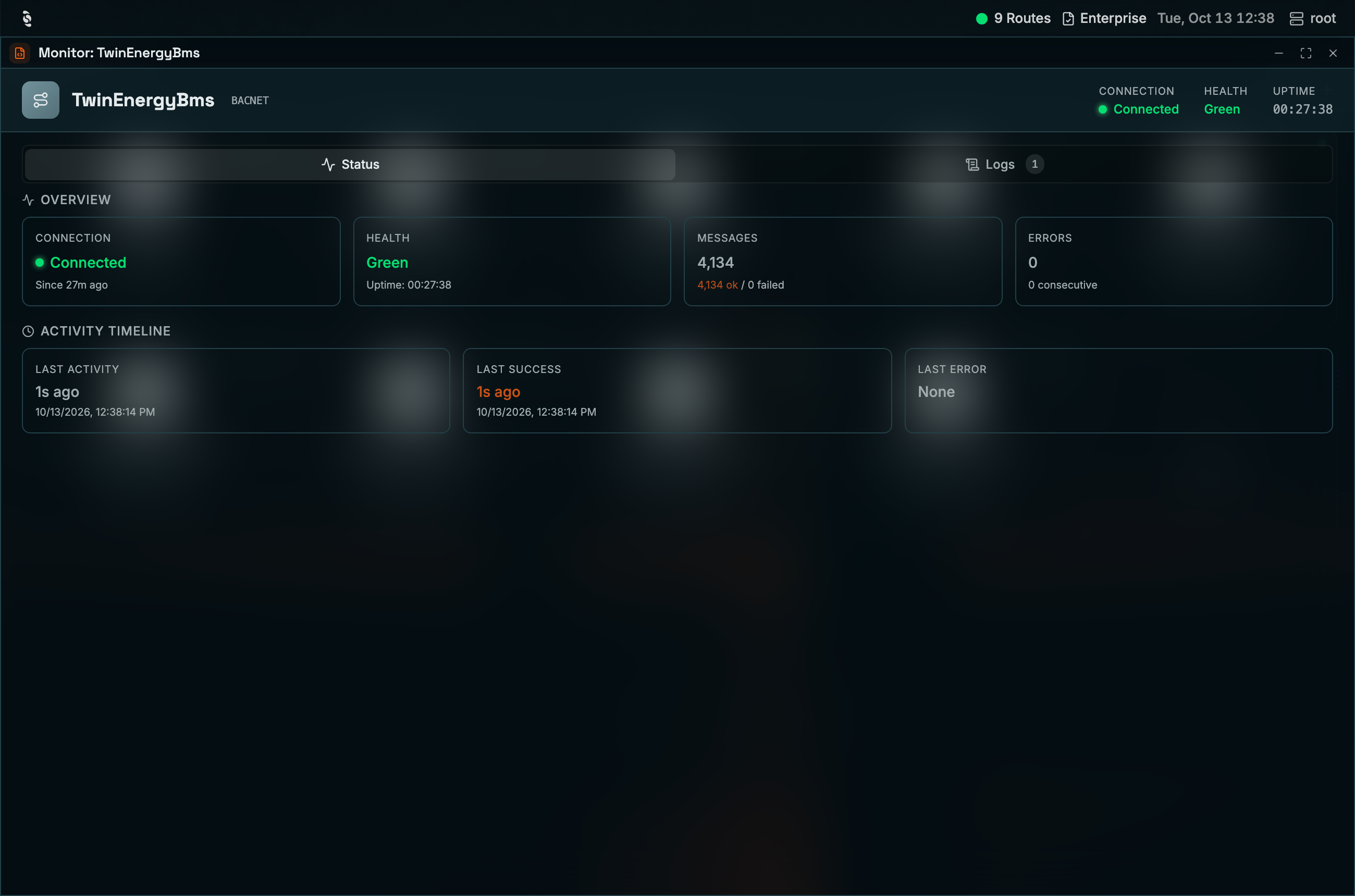 Coreflux HUB Monitor window for the BACNET connector TwinEnergyBms with Connection Connected, Health Green, and Uptime in the header; the Status tab shows Overview cards for Connection, Health, Messages, and Errors, and an Activity Timeline with Last Activity, Last Success, and Last Error