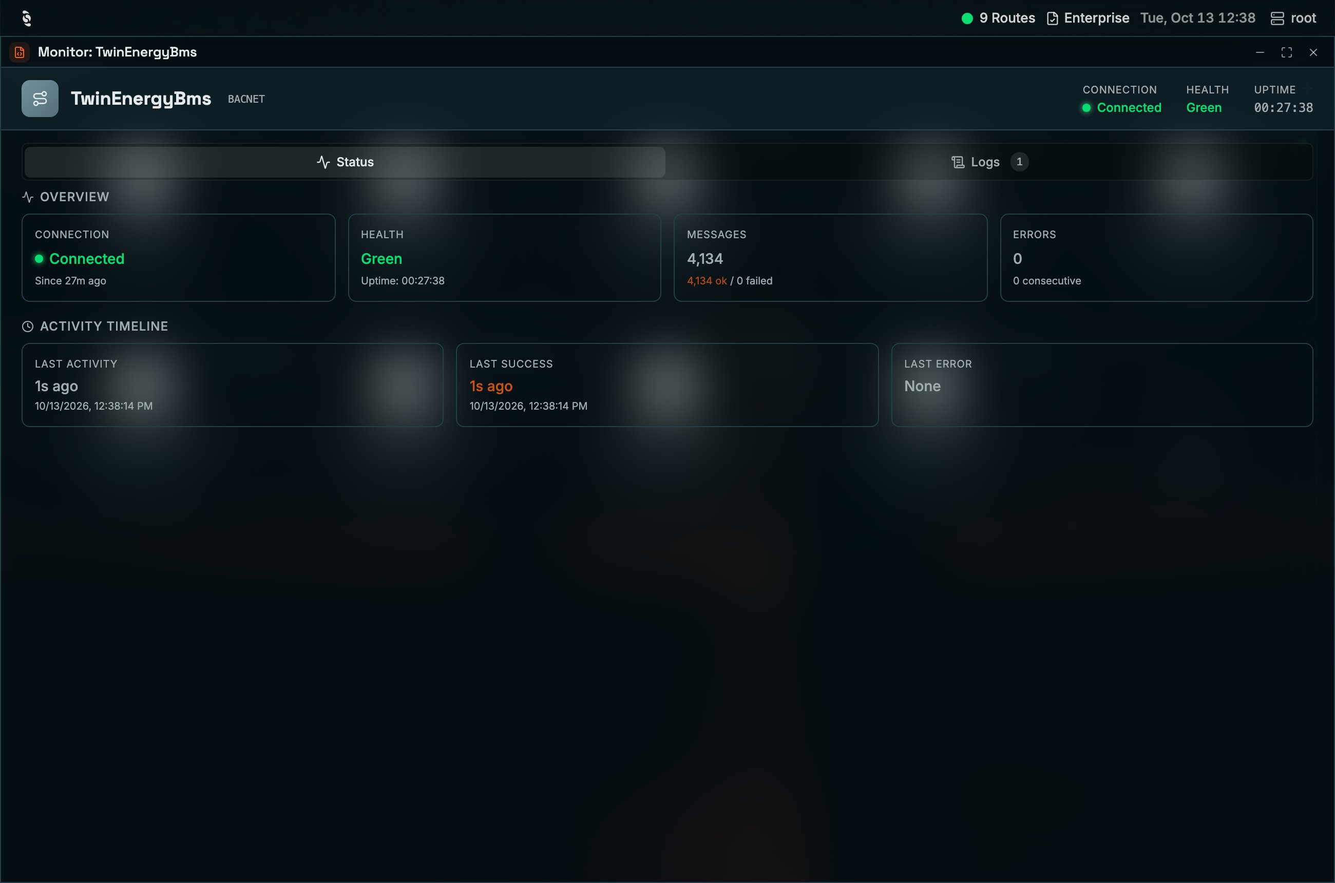 Coreflux HUB Monitor window for the BACNET connector TwinEnergyBms with Connection Connected, Health Green, and Uptime in the header; the Status tab shows Overview cards for Connection, Health, Messages, and Errors, and an Activity Timeline with Last Activity, Last Success, and Last Error