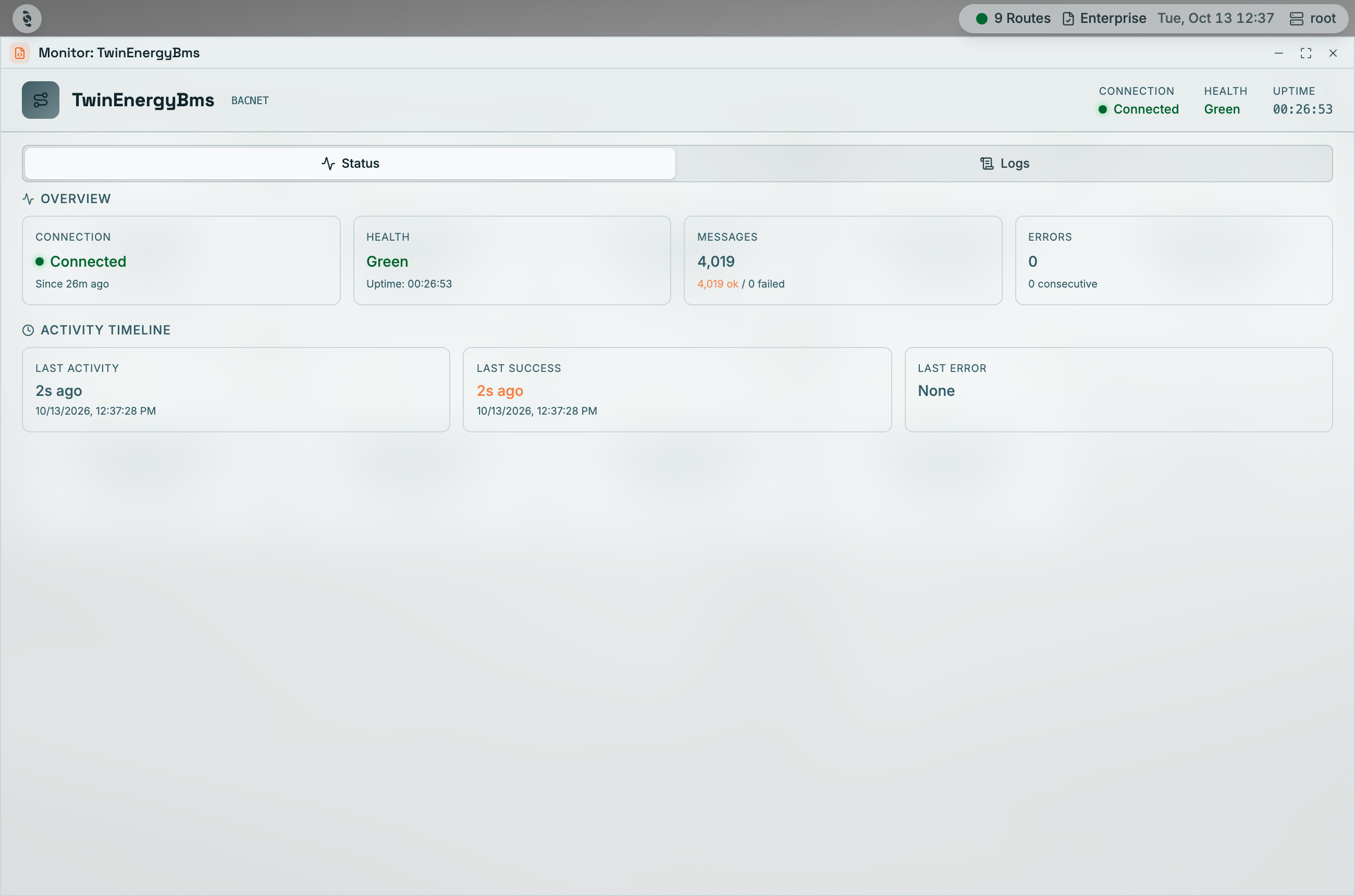 Coreflux HUB Monitor window for the BACNET connector TwinEnergyBms with Connection Connected, Health Green, and Uptime in the header; the Status tab shows Overview cards for Connection, Health, Messages, and Errors, and an Activity Timeline with Last Activity, Last Success, and Last Error