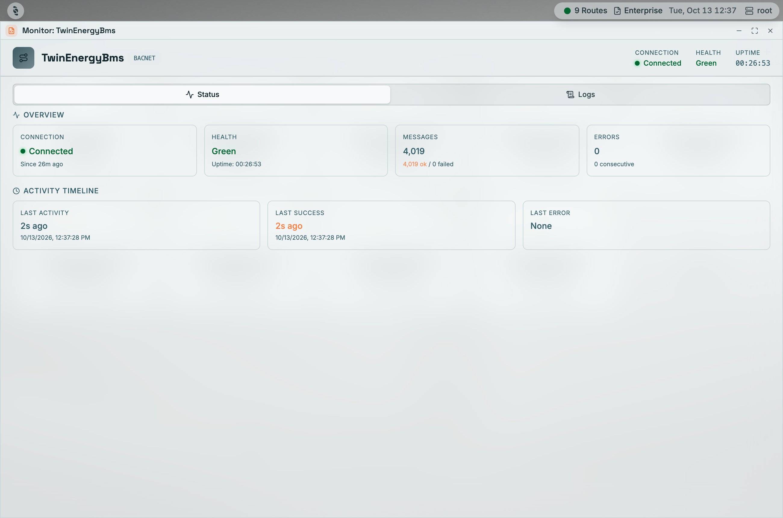 Coreflux HUB Monitor window for the BACNET connector TwinEnergyBms with Connection Connected, Health Green, and Uptime in the header; the Status tab shows Overview cards for Connection, Health, Messages, and Errors, and an Activity Timeline with Last Activity, Last Success, and Last Error