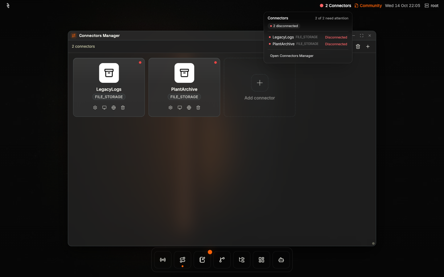 Coreflux HUB Connectors Manager with connector cards for LegacyLogs and PlantArchive (FILE_STORAGE), each with a status dot and Configuration, Monitor, Documentation, and Delete icons, an Add connector card, and the status bar Connectors popover
