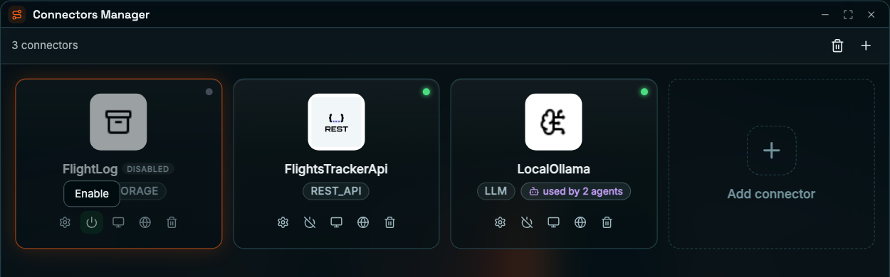 Coreflux HUB Connectors Manager with 3 connectors: the FILE_STORAGE connector FlightLog dimmed with a grey status dot, a DISABLED chip, and the Enable tooltip over its power icon; the REST_API connector FlightsTrackerApi and the LLM connector LocalOllama, used by 2 agents, both with green status dots; and an Add connector card