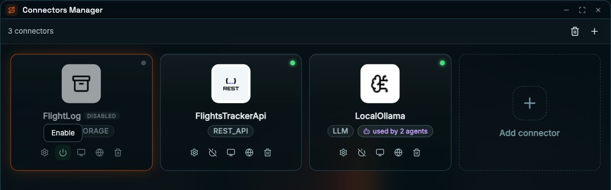 Coreflux HUB Connectors Manager with 3 connectors: the FILE_STORAGE connector FlightLog dimmed with a grey status dot, a DISABLED chip, and the Enable tooltip over its power icon; the REST_API connector FlightsTrackerApi and the LLM connector LocalOllama, used by 2 agents, both with green status dots; and an Add connector card