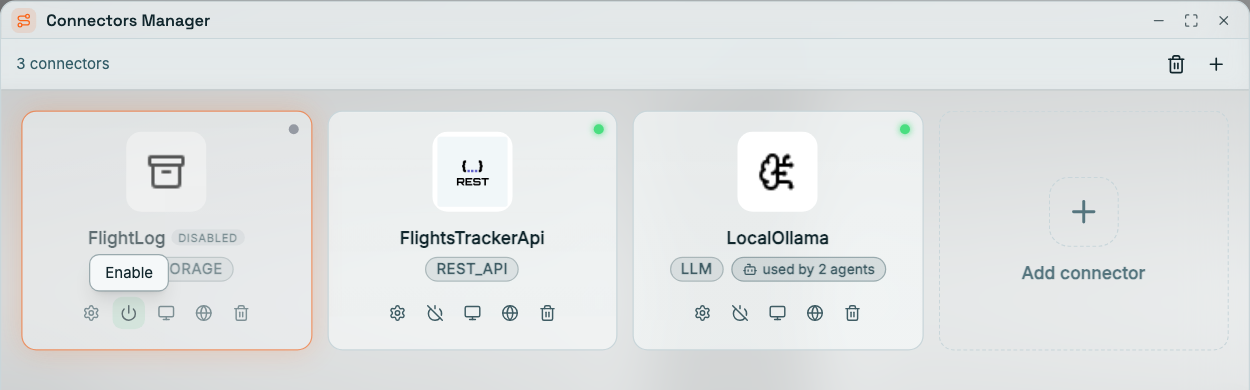 Coreflux HUB Connectors Manager with 3 connectors: the FILE_STORAGE connector FlightLog dimmed with a grey status dot, a DISABLED chip, and the Enable tooltip over its power icon; the REST_API connector FlightsTrackerApi and the LLM connector LocalOllama, used by 2 agents, both with green status dots; and an Add connector card