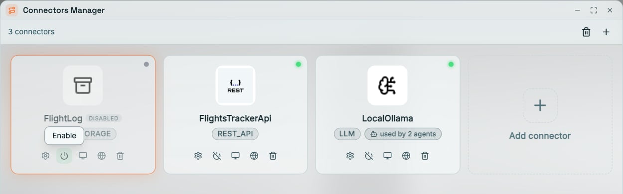 Coreflux HUB Connectors Manager with 3 connectors: the FILE_STORAGE connector FlightLog dimmed with a grey status dot, a DISABLED chip, and the Enable tooltip over its power icon; the REST_API connector FlightsTrackerApi and the LLM connector LocalOllama, used by 2 agents, both with green status dots; and an Add connector card
