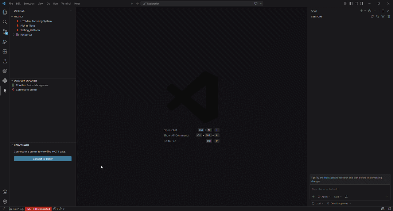 Animated walkthrough of entering broker credentials and connecting in VS Code