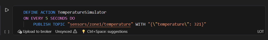 LoT Notebook LoT cell with TemperatureSimulator action, run button, and status bar showing Upload to broker and LOT cell type