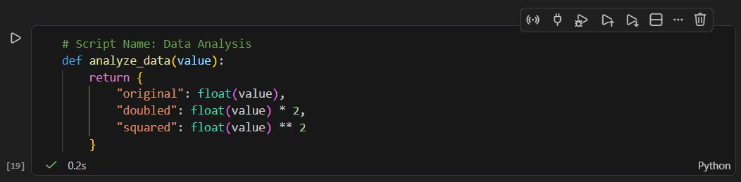 LoT Notebook Python cell with Script Name header, function definitions, run button, and Python label in the status bar