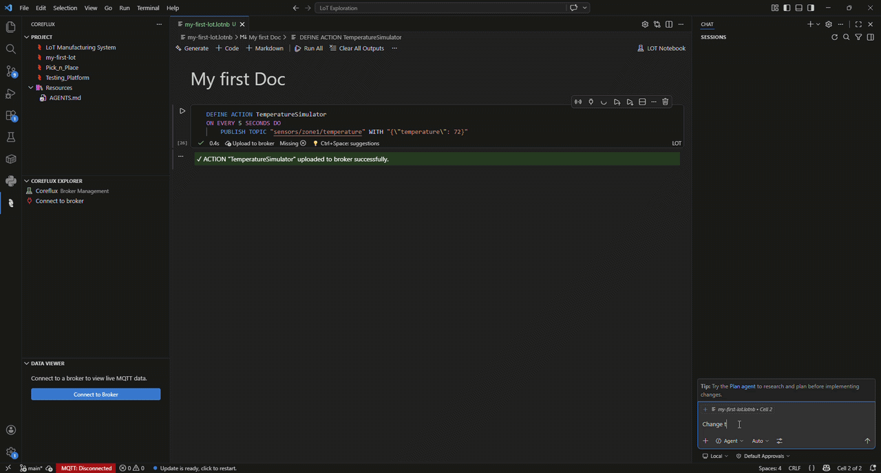 Animated walkthrough: VS Code with a LoT notebook open and GitHub Copilot chat focused on a notebook cell