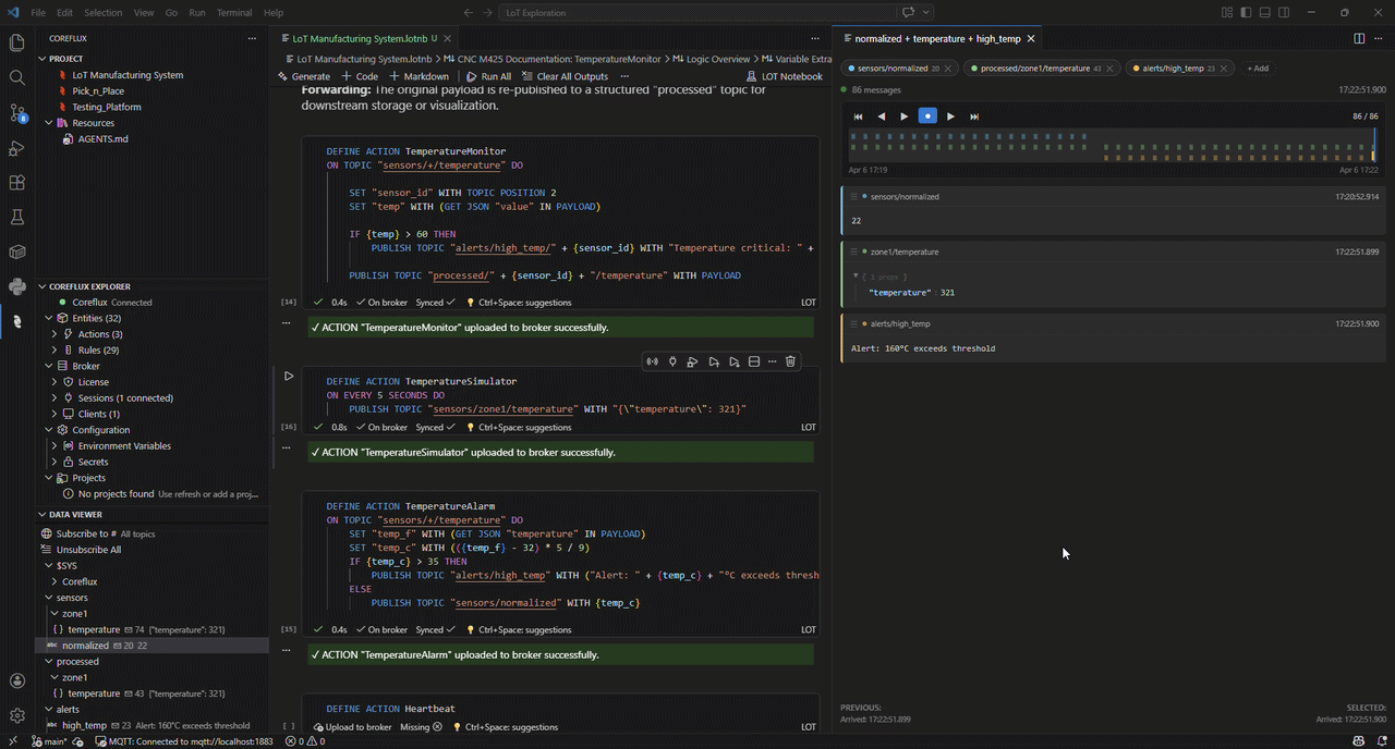 Animated walkthrough of the LoT extension Data Viewer: topic tree, message history, replay, and payload formatters