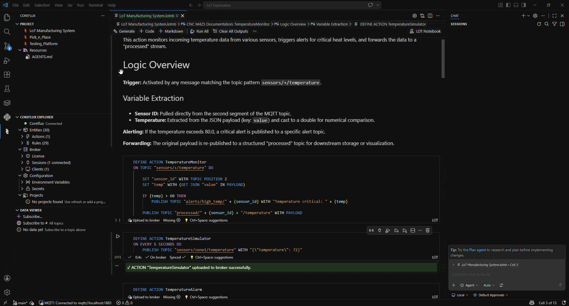 Animated walkthrough of the LoT Data Viewer in VS Code: subscribing to topics and viewing live MQTT traffic