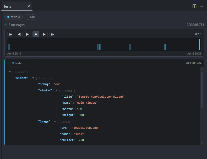 LoT Data Viewer showing JSON formatter with syntax highlighting, topic tab, message count, and timeline replay controls