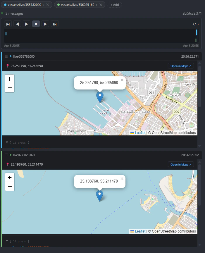 LoT Data Viewer Geopoint formatter showing geographic coordinates plotted on a map