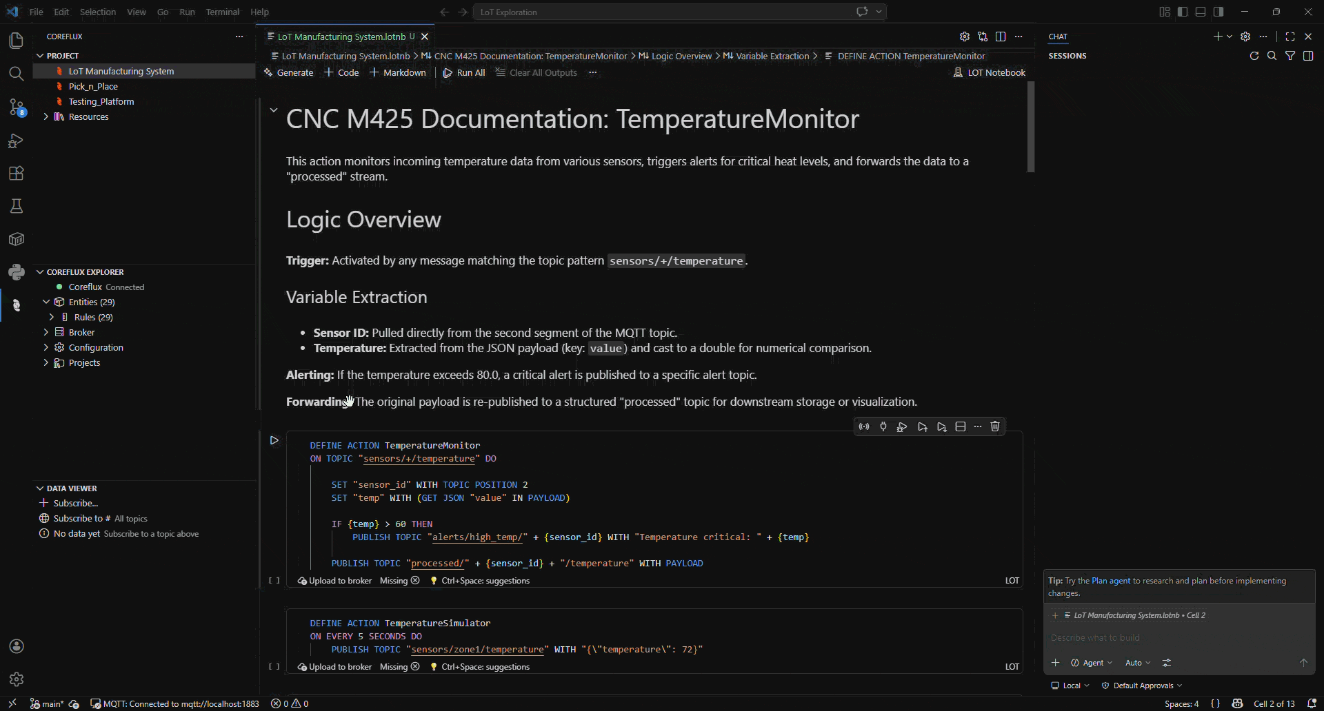 Animated walkthrough: Run on a LoT notebook cell to deploy the definition to the connected Coreflux broker