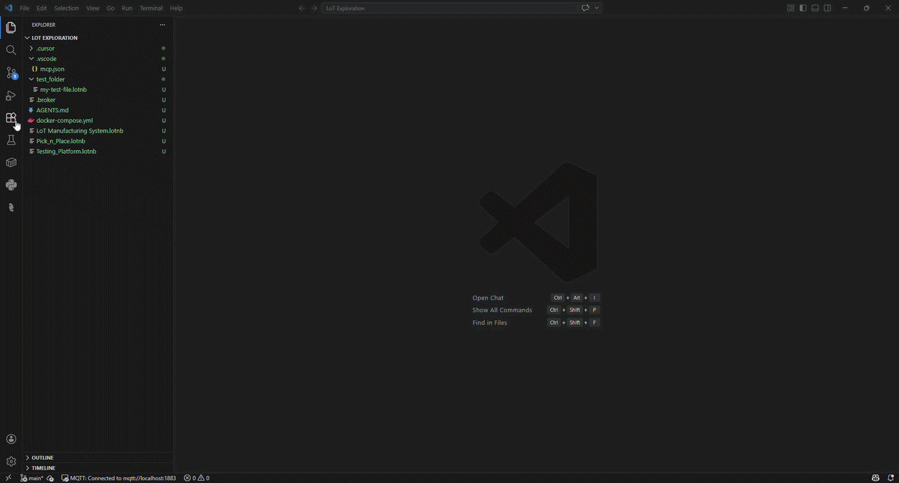 Animated walkthrough: VS Code Extensions view, search for coreflux, install Coreflux LoT, Coreflux icon appears in the Activity Bar