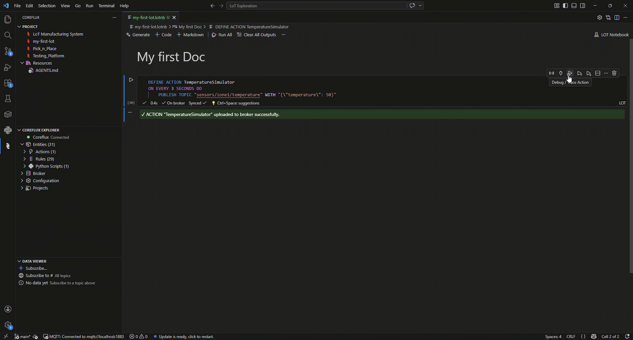 Animated walkthrough of the LoT extension execution trace showing cell-related topics and variables, timeline, and replay
