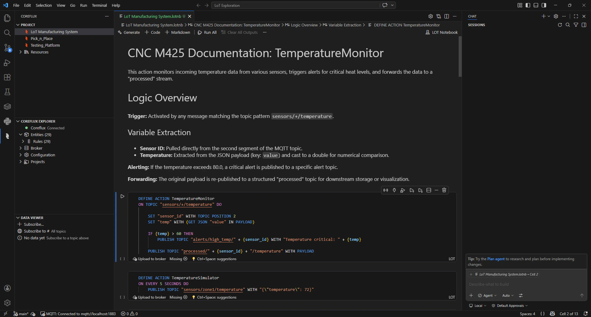 VS Code with a LoT notebook open showing markdown and LoT code cells, Coreflux Explorer and project tree on the left, Data Viewer below, and MQTT connection in the status bar
