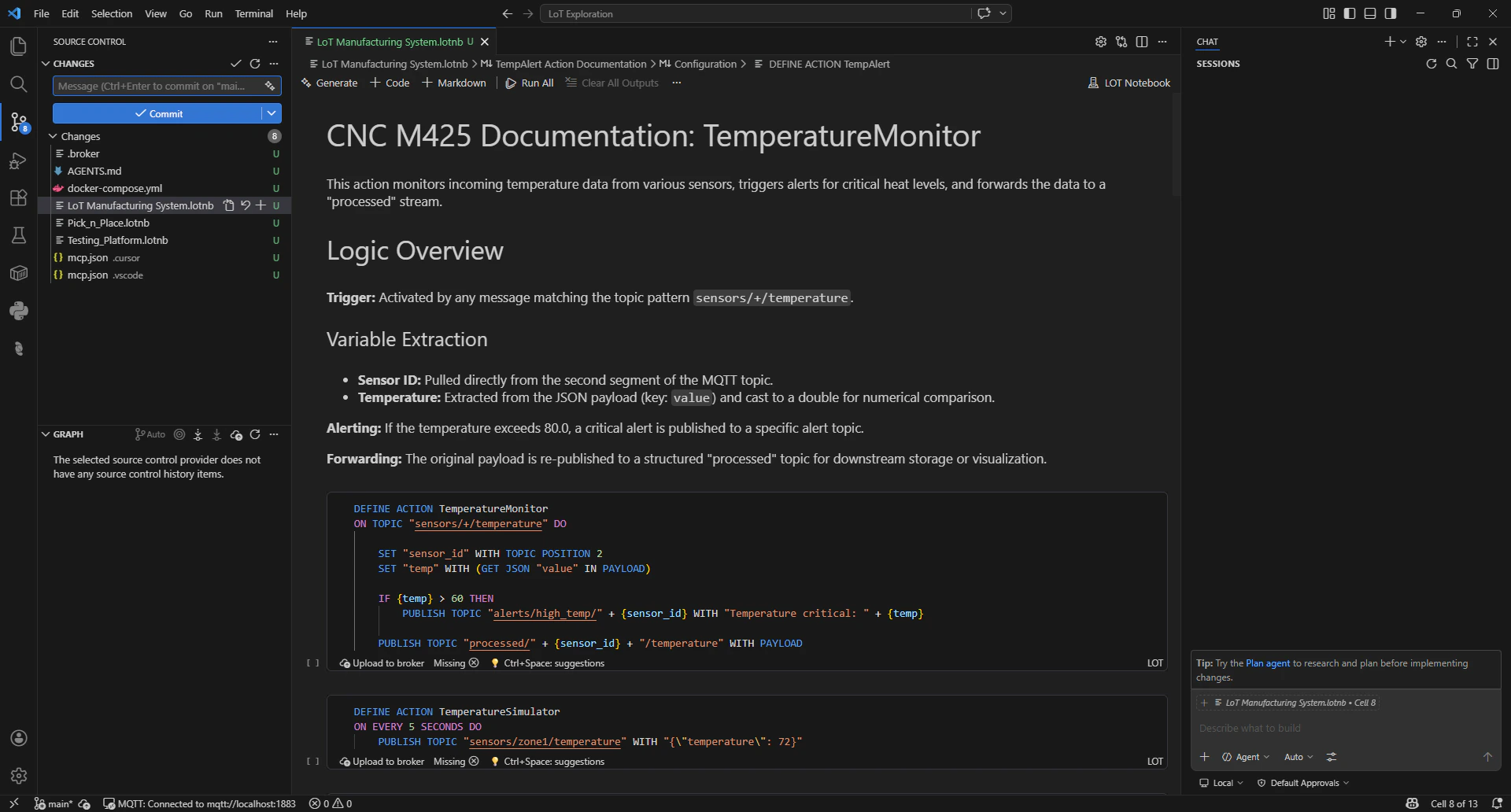 VS Code Source Control showing pending changes across .lotnb notebooks, docker-compose.yml, markdown, and editor config files in the same repo