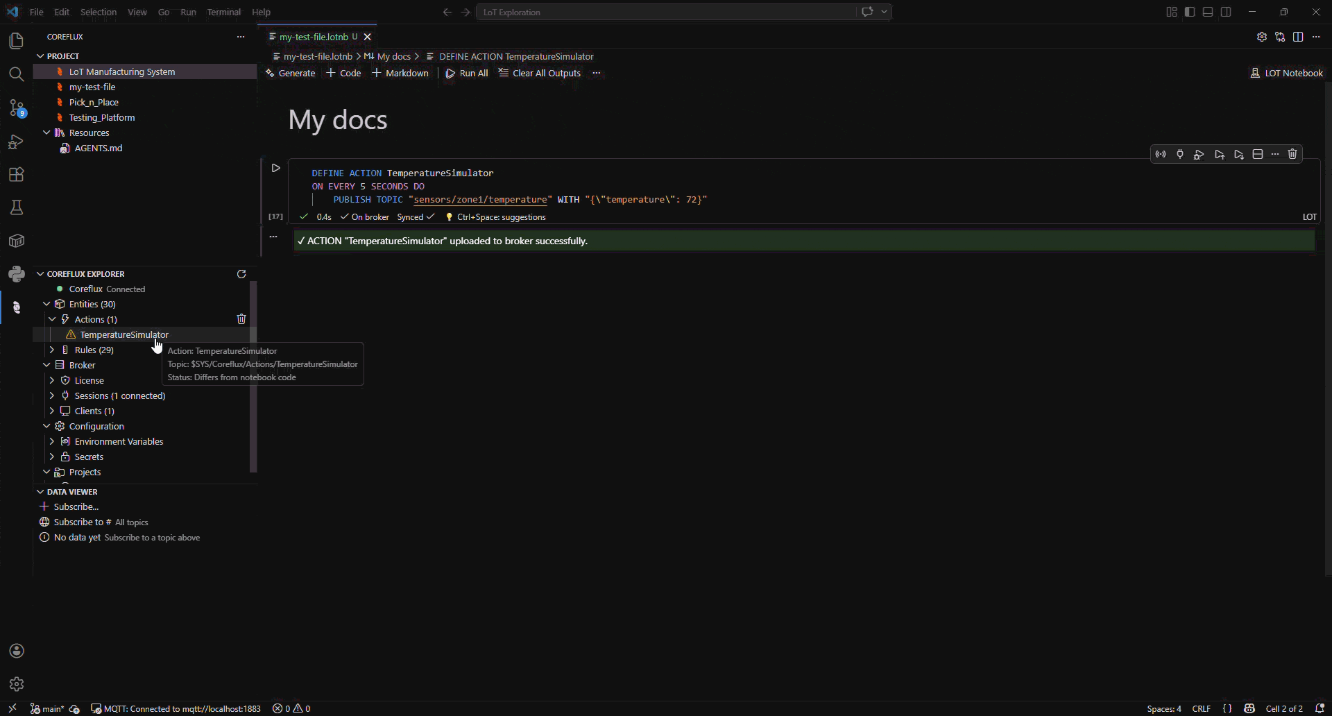 Coreflux Entities panel in VS Code showing TemperatureSimulator under the Actions list