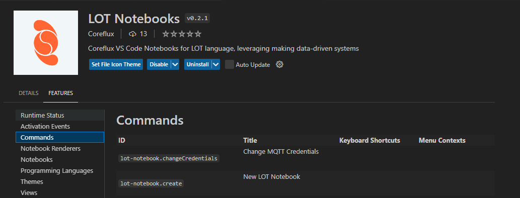 LoT Notebooks commands in the VS Code Command Palette