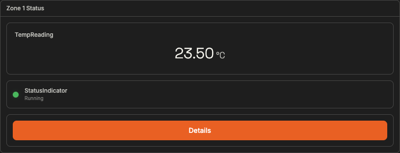 A titled Zone 1 Status card containing a temperature readout, a status indicator, and a Details button